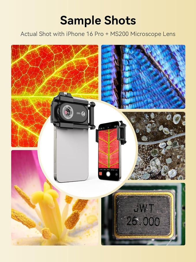 MIAO LAB 200X Phone Microscope Lens, Phone Camera Micro Lens with Universal Clip/LED Light/CPL, Mini Pocket Microscope Attachment for iPhone 17/16/15/14/13 Series and Most Smartphone MS200(200X)