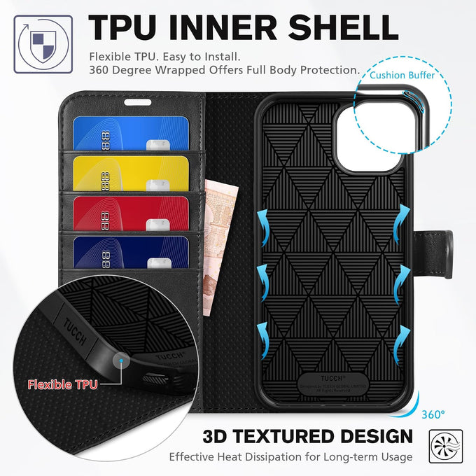 TUCCH Wallet Case for iPhone 14 (6.1") 2022, 4 Card Holders, Black