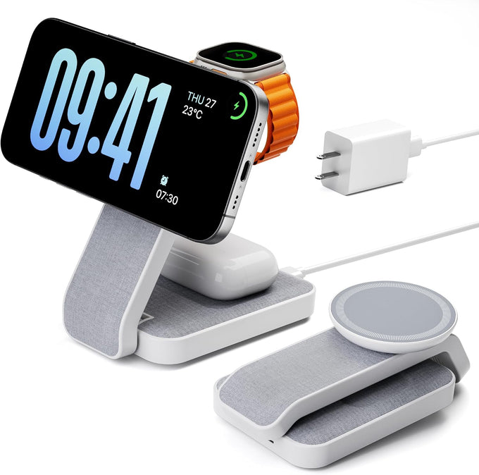 Eazpower 3 in 1 Foldable Wireless Charging Station for MagSafe, Nightstand Magnetic Charger Stand for iPhone 17 16 15 14 Pro Max, Travel Charging Dock with Night Light for Apple Watch/AirPods (Gray)