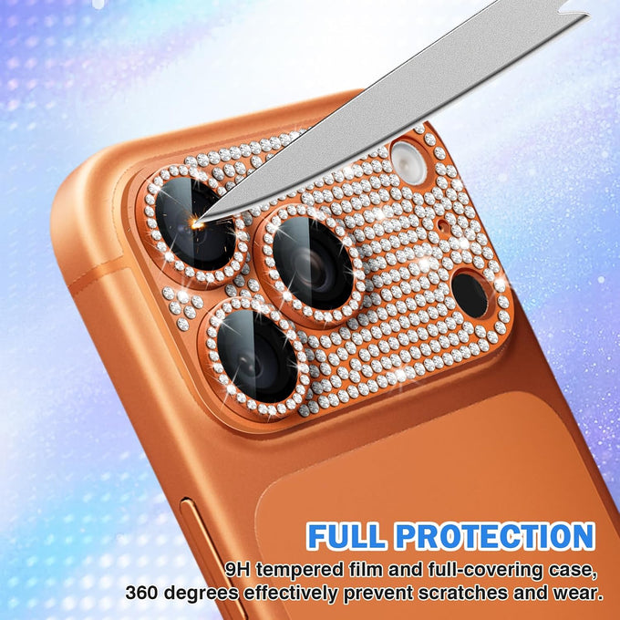 1 Pack Compatible for iPhone 17 Pro Max Camera Lens Protector Glitter, Bling Diamond Ring Anti-scratch 9H Tempered Lens Cover Easy Installation iPhone 17 Pro Max Lens Protector-Diamond Orange