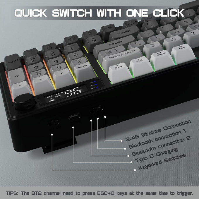 LexonElec M96 Wireless Keyboard, Low Profile Quiet Typing Membrane Gaming Keyboard with Smart Display & Knob, RGB Backlit, USB C Rechargeable, 94 Keys PBT Keycap for Windows PC,Mac,Linux-Moonlit Night
