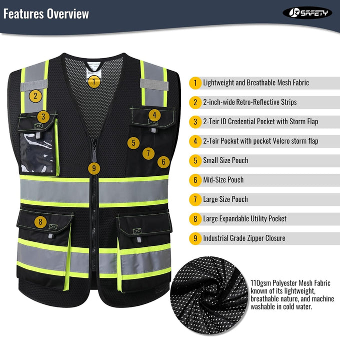 JKSafety Safety Vest for Men Women Hi Vis Reflective Vest JK220 Black L