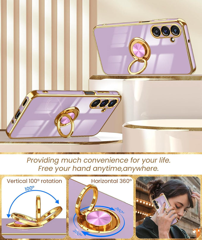 Dretal Plated Gold Edge Rotate Kickstand Case for Samsung Galaxy A16-Purple