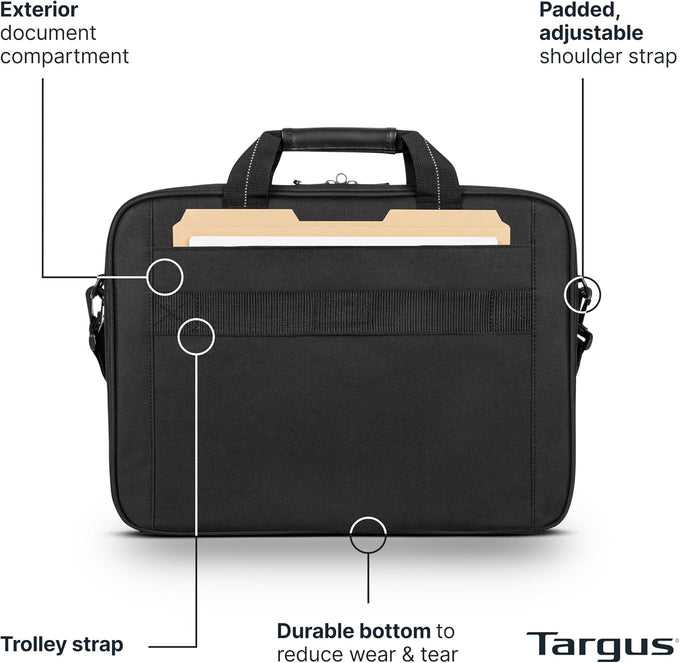 Targus 15-16 Inch Slim Lightweight Laptop Briefcase, Black - Messenger and Shoulder Bag with Padded Compartment and Trolley Strap for 16" Laptops (TCT027US)