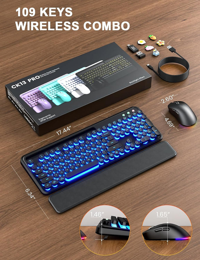 Wireless Keyboard and Mouse, Backlit Typewriter with Magnetic Wrist Rest