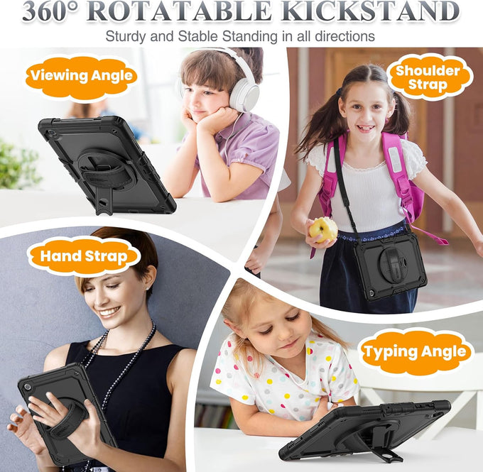 SEYMAC stock Case for Samsung Galaxy Tab A11+ Plus/A9+ Plus 11'', Full-Body Drop Protection Case with Screen Protector Pencil Holder [360° Rotating Hand Strap] &Stand - Black