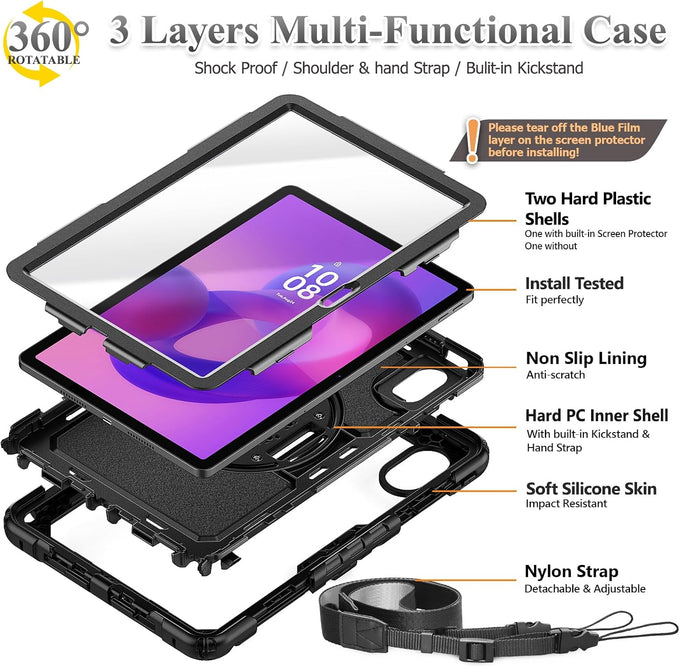 SEYMAC stock Tablet Case for Lenovo Idea Tab 11'' / M11 (TB336FU/TB330FU) 11 inch Drop-Proof Protection Cover with 360° Rotate Stand & Strap [Pen Holder] & Screen Protector 2025/2024, Black