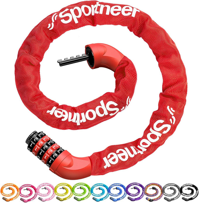 Sportneer Bike Lock: 5 Digit Combination High Security Anti Theft Bike Chain Lock - 3.2/3.6/4ft Heavy Duty Keyless Bicycle Lock for Bike, Motorcycle, Scooter, Door & Gate - 4/6mm Thick, Easy to Use
