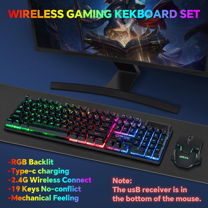 CHONCHOW USB Wireless Gaming Keyboard and Mouse Combo, RGB Backlit, 2.4GHz