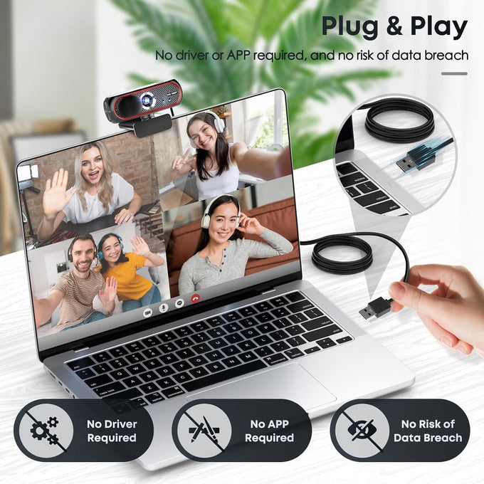 1080P HD Webcam with Microphone, Noise Cancellation, Privacy Cover, Wide-Angle Lens, Auto Light Correction, Plug & Play USB Webcam for Laptop, Desktop, PC, Mac, Zoom, Skype, Streaming (Red)