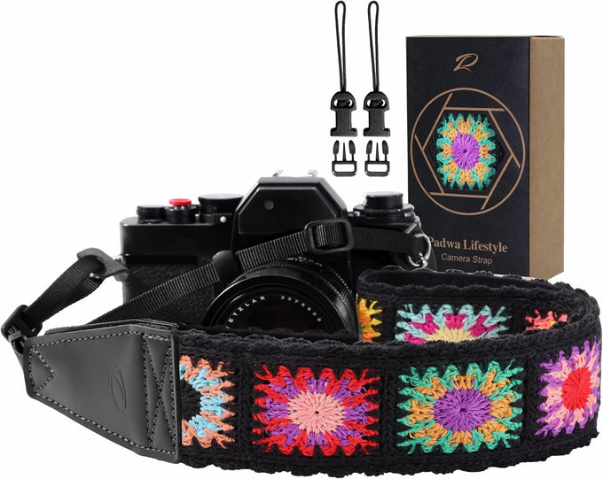 Padwa Lifestyle Camera Strap - 2" Full Grain Leather Ends Camera Straps for Photographers, Vintage Embroidered Cotton Weave Soft Suede Fabric Padded Strap Quick Release fits All Cameras