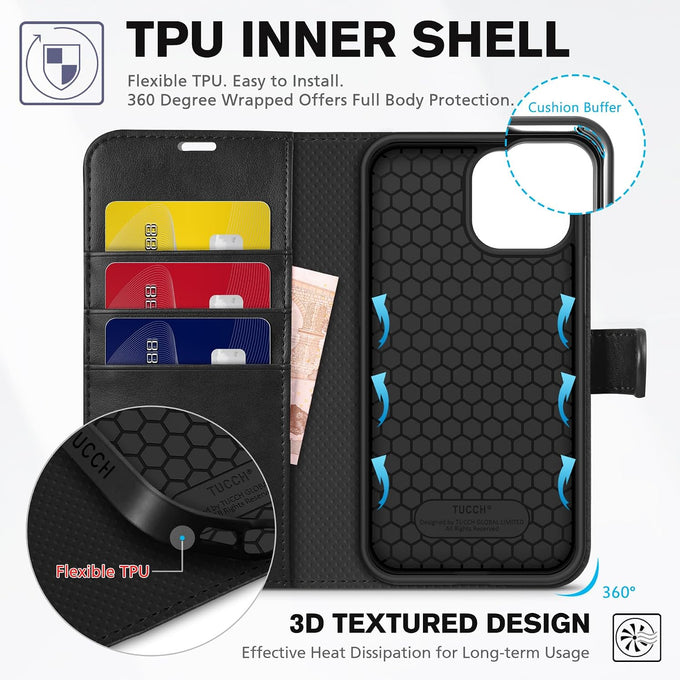 TUCCH Wallet Case for iPhone 13 (6.1") 2021, 3 Card Holders, Black