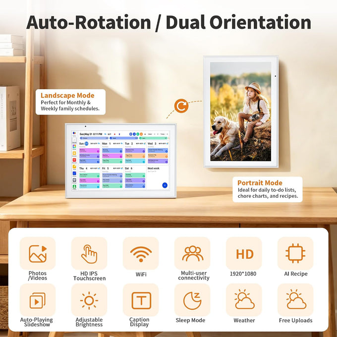 Smart Digital Calendar 10.1 Inch, Electronic Family Calendar Planner with Touchscreen, Shared Chore Chart, Meal Planner, To Do List & Schedule Board, WiFi Digital Family Command Center, Photo Frame
