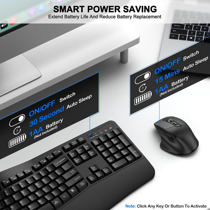 Wireless Keyboard and Mouse Combo, 2.4G Ergonomic Wave Keys(Black)