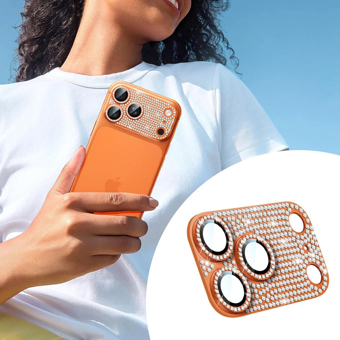 1 Pack Compatible for iPhone 17 Pro Max Camera Lens Protector Glitter, Bling Diamond Ring Anti-scratch 9H Tempered Lens Cover Easy Installation iPhone 17 Pro Max Lens Protector-Diamond Orange