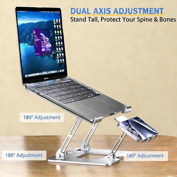 Laptop & Phone 2-in-1 Cooling Stand with Silent Fan, Adjustable Height & Angle, Carbon Steel Foldable Laptop Riser, Gaming Laptop Cooler Pad for Laptops Up to 18 Inch (Silver)