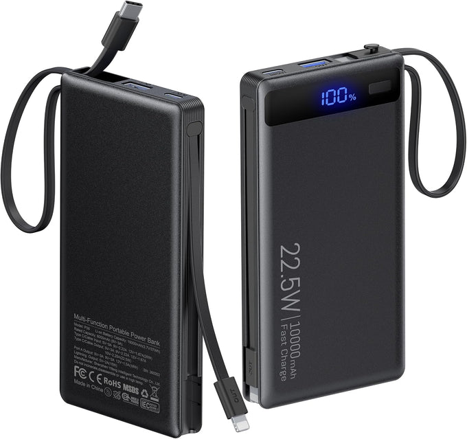 10000mAh Power Bank Built-in 2 Cables,40% Thinner 22.5W PD Portable Charger