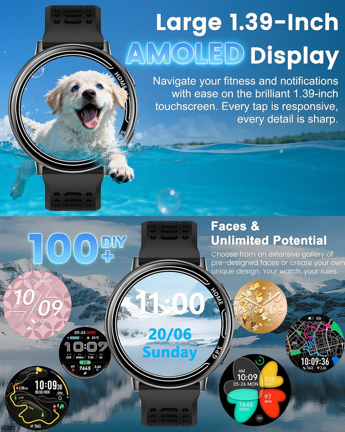 GPS Smart Watches for Men, 1.39" AMOLED Screen Smartwatch, Bluetooth Call/100+ Sport Modes/GPS/Compass/Heart Rrate/Blood Pressure, Fitness-Tracker, Smartwatch for Android iPhone(Gray& Black)