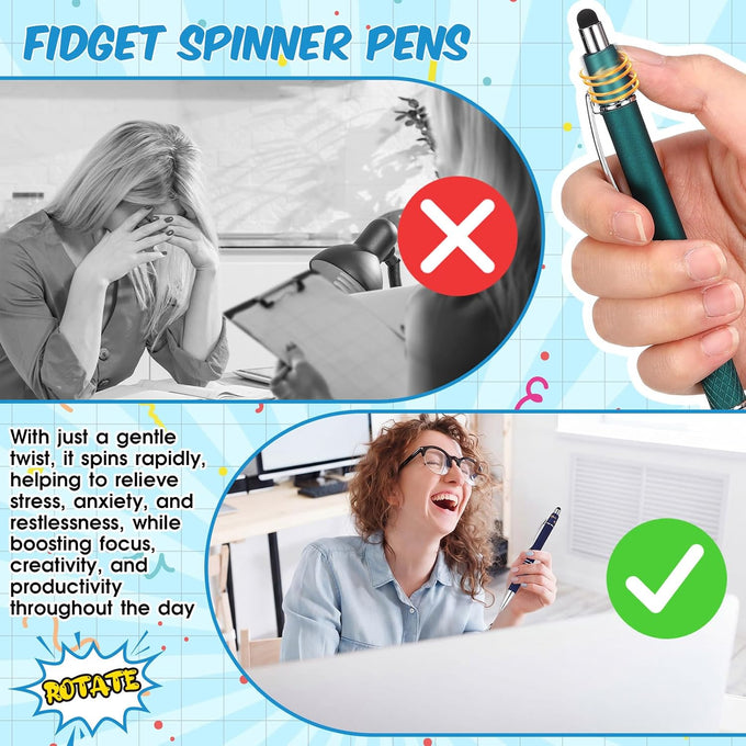 10 Pcs Basic Fidget Pen, Multicolor 2-in-1 Stylus Ballpoint Pen