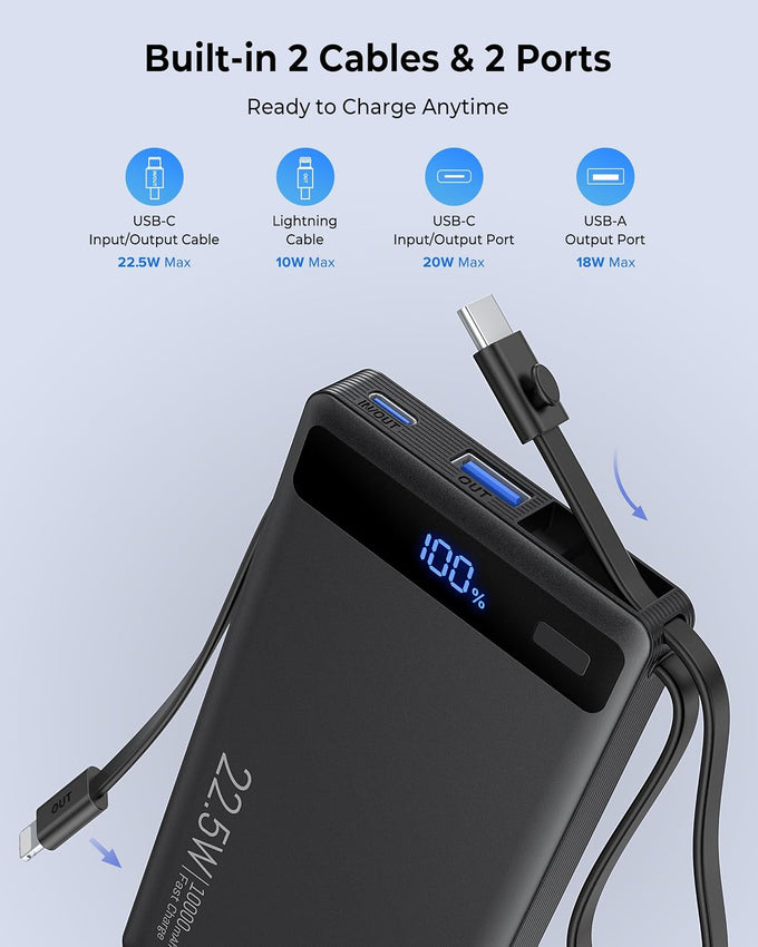 10000mAh Power Bank Built-in 2 Cables,40% Thinner 22.5W PD Portable Charger
