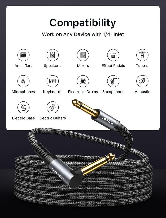 JSAUX Guitar Cable 10 ft, Amp Cord for Electric Guitar/Mandolin/Bass, Pro Audio Instrument Cable with 1/4" Tips(TS Port) Right Angle to Straight-Gray