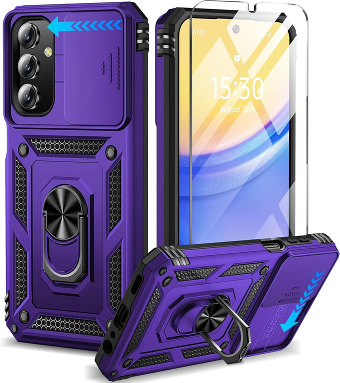 BaHaHoues for Samsung Galaxy A15 5G Case with Screen Protector & Slide Camera Lens Cover,Built-in 360°Rotate Magnetic Ring Stand Shockproof Protective Phone Case for Samsung A15 5G Case (Blue)