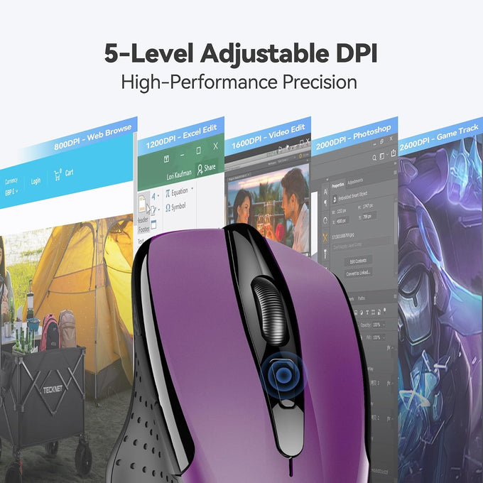 TECKNET Wireless Mouse, 2.4G Ergonomic Computer Mouse, 2600 DPI, Purple