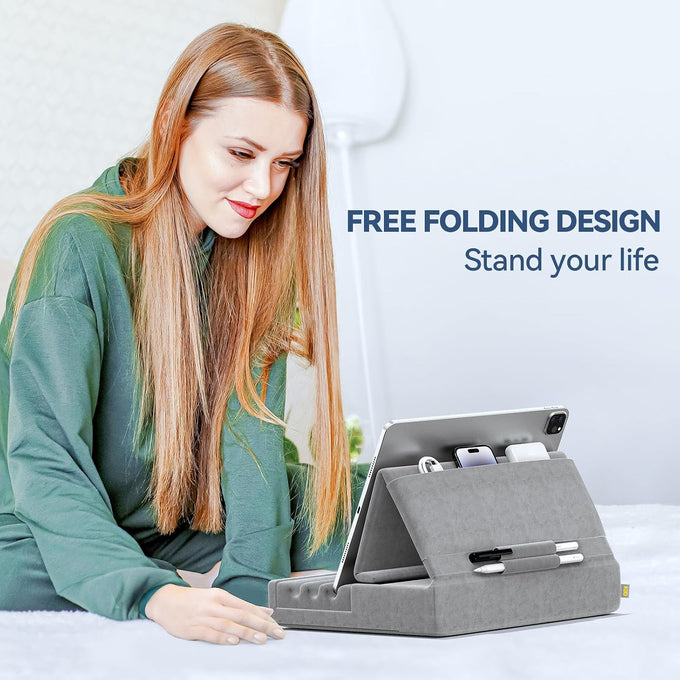 KDD Tablet Pillow Holder, Foldable iPad Stand for Lap, Bed and Desk -Tablet Soft Pad Dock with Pocket & Stylus Mount Compatible with iPad Pro 12.9, 10.5, 9.7 Air Mini 6 5 4 3, Galaxy Tab, E-Reader