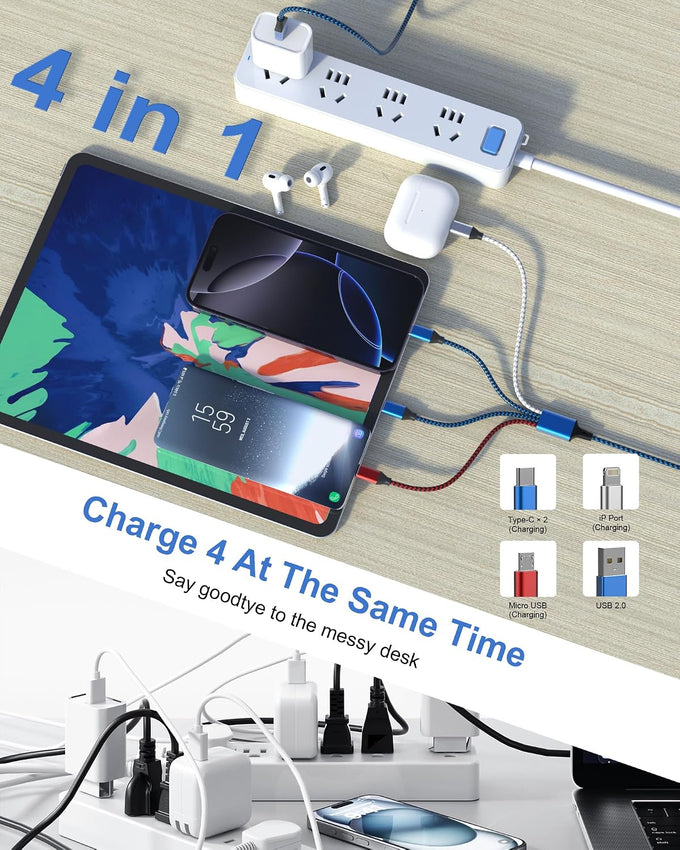 4-in-1 Multi Charging Cable (3-Pack, 6FT) - Dual USB-C, Lightning, Micro