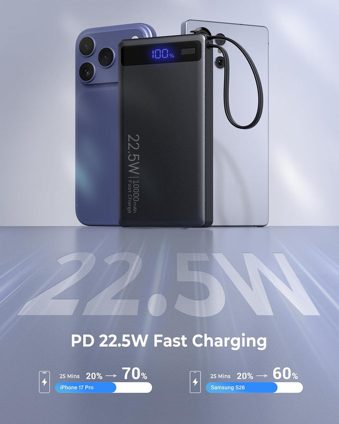 10000mAh Power Bank Built-in 2 Cables,40% Thinner 22.5W PD Portable Charger