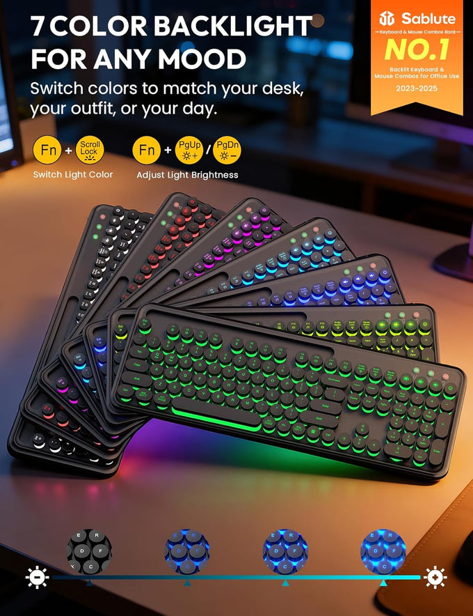 Wireless Keyboard and Mouse, Backlit Typewriter with Magnetic Wrist Rest