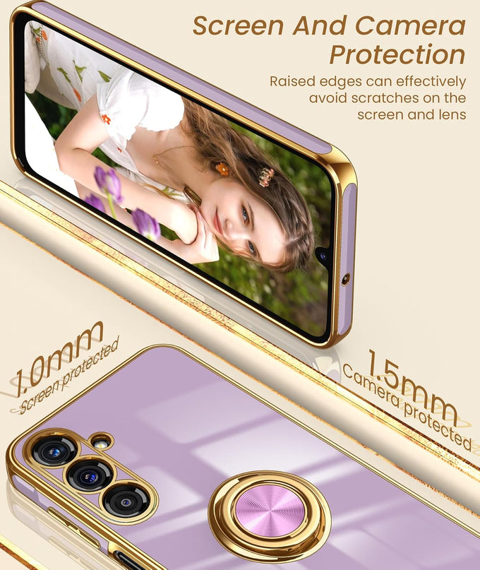 Dretal Plated Gold Edge Rotate Kickstand Case for Samsung Galaxy A16-Purple