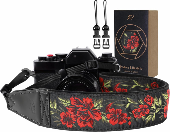 Padwa Lifestyle Camera Strap - 2" Full Grain Leather Ends Camera Straps for Photographers, Vintage Embroidered Cotton Weave Soft Suede Fabric Padded Strap Quick Release fits All Cameras