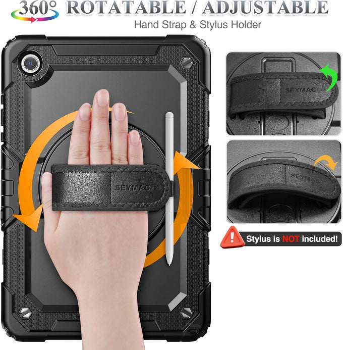 SEYMAC stock Case for Samsung Galaxy Tab A11+ Plus/A9+ Plus 11'', Full-Body Drop Protection Case with Screen Protector Pencil Holder [360° Rotating Hand Strap] &Stand - Black