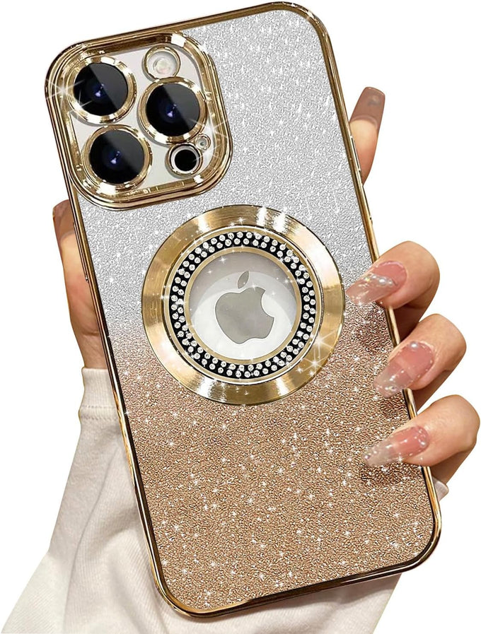 Misscase for iPhone 13 Pro Max Magnetic Glitter Case Compatible with MagSafe,Full Protection Slim Shockproof Anti-Scratch Case with Camera Lens Protector Logo View Dust-Proof Net for Women Gold