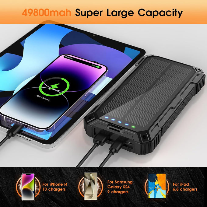 BLASOUL Solar Power Bank,49800mAh Wireless Portable Phone Charger with 4 Built-in Cables,22.5W Fast Charging USB-C in/Output External Battery Pack for iPhone,Android,Perfect for Hiking/Camping
