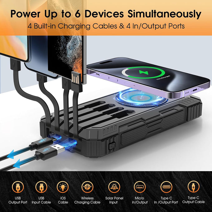 BLASOUL Solar Power Bank,49800mAh Wireless Portable Phone Charger with 4 Built-in Cables,22.5W Fast Charging USB-C in/Output External Battery Pack for iPhone,Android,Perfect for Hiking/Camping
