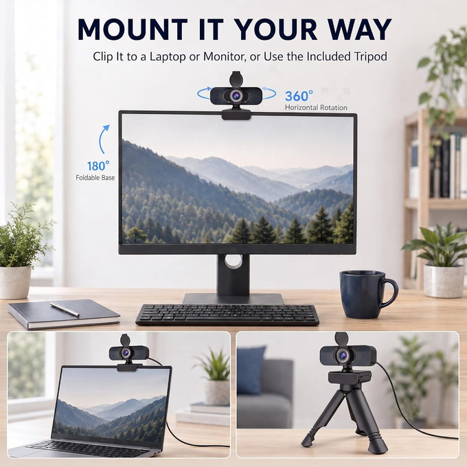 1080P Webcam with Microphone and Privacy Cover Plug&Play