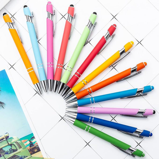 PASISIBICK 12 Pieces Rainbow Rubberized Soft Touch Ballpoint Pen with Stylus Tip, Stylish, Premium Metal Pen, Black Ink, Medium Point(Pack of 12)