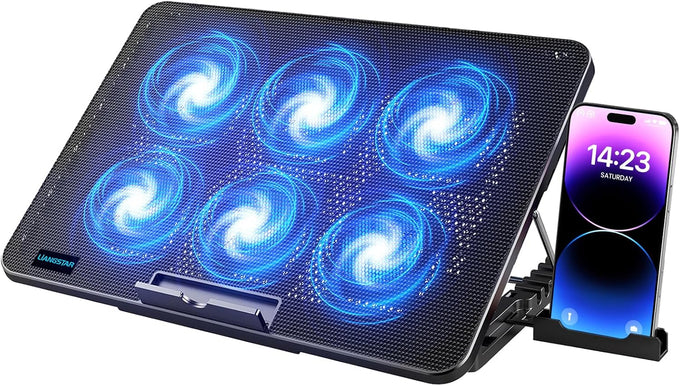 LIANGSTAR Laptop Cooling Pad, Laptop Cooler with 6 Quiet Fans for 12-17 Inch Notebook Gaming Fan Stable Stand, 7 Height & Wind Speed Adjustable, 2 USB Port & Phone Holder (Black)