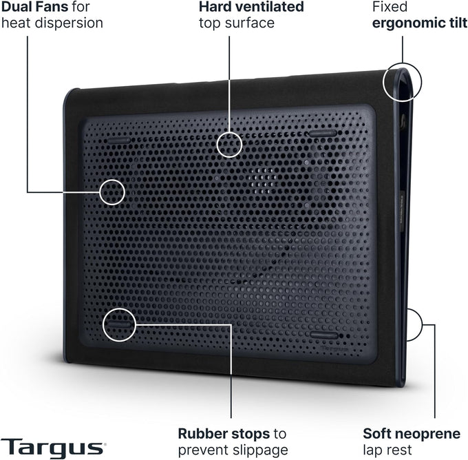 Targus 17 Inch Dual Fan Lap Chill Mat - Soft Neoprene Laptop Cooling Pad for Heat Protection, Fits Most 17" Laptops and Smaller - USB-A Connected Dual Fans for Heat Dispersion (AWE55US)