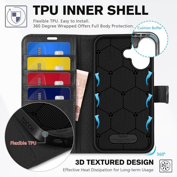TUCCH Wallet Case for iPhone 16 (6.1") 2024, 4 Card Holders, Black