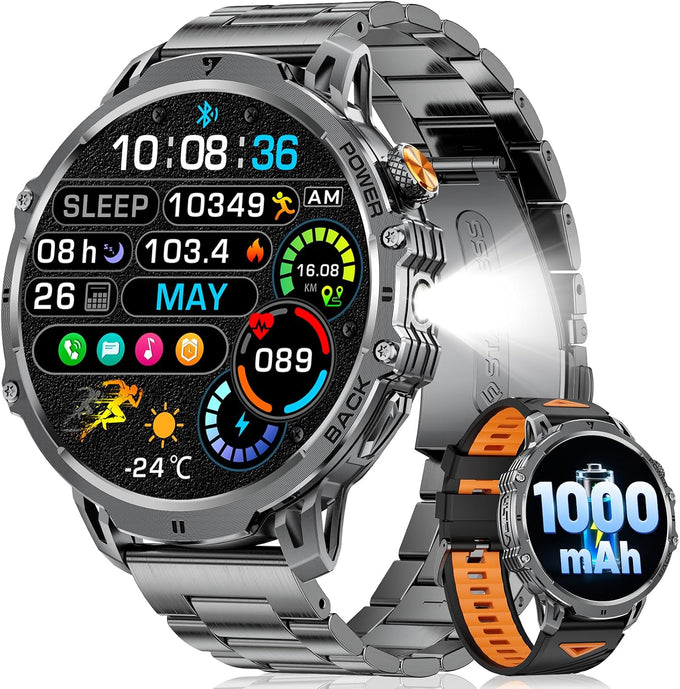 LIGE Military Smart Watches for Men(2 Bands),1000mAh/1.85" HD Large Screen Smartwatch, Flashlight/110+ Sports Modes/Sleep Monitor, Fitness Tracker Watch for Android iOS,Black