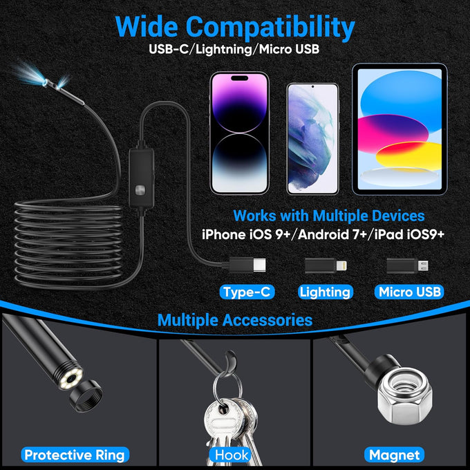 [Dual-Lens] Endoscope Camera with Light,1920P HD Borescope Inspection Tools
