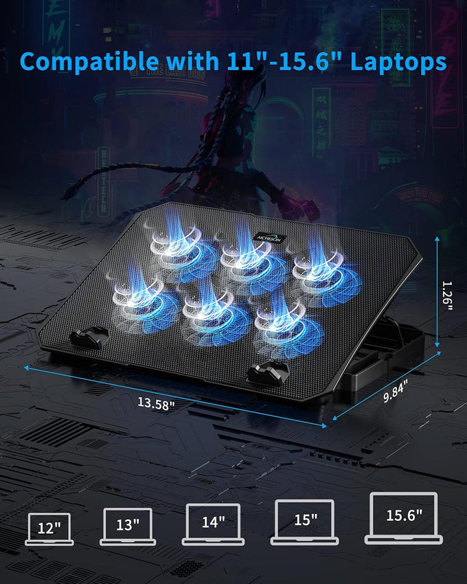 AICHESON Laptop Cooling Pad for 12-15.6 Inch, 6 Cooler Fans, Blue Lights