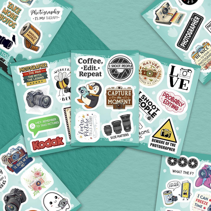 100Pcs Photography Stickers for Water Bottle and Laptop - Photography Party Supplies - Gifts for Photographer - Photo and Camera Stickers - Gift for Women & Men